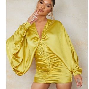 Olive Satin Batwing Gathered Bodycon Dress